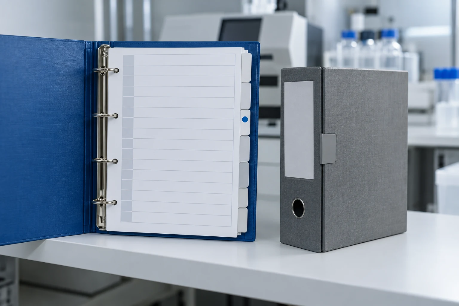 Binder manual terbuka dan map arsip tertutup pada rak dokumen instrumen
