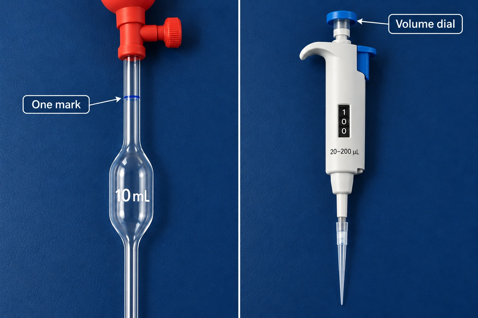Tanda tunggal pipet volumetrik dan pengatur volume mikropipet